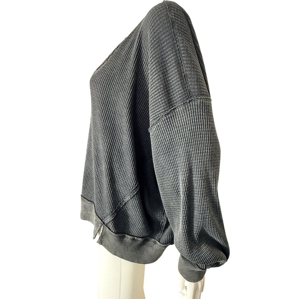 We The Free Buttercup Waffle Knit Pullover Womens S Black Cotton Blend V Neck - Picture 3 of 14
